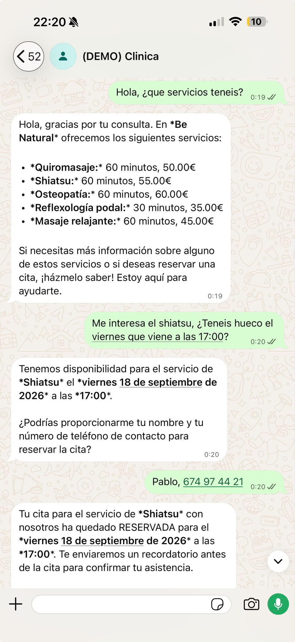 Conversacion real de WhatsApp con el agente de IA reservando una cita
